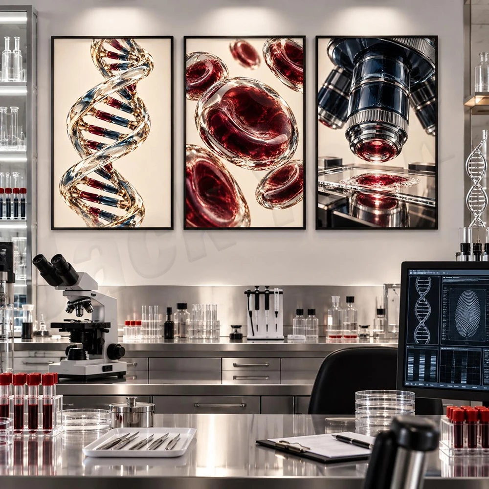 Forensic genetics-themed print featuring DNA double helix, blood cells, and microscopy art; a poster for medical office decor.
