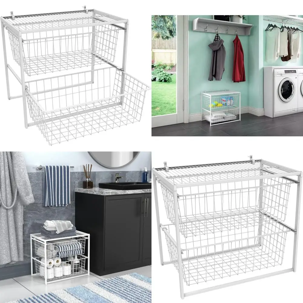 

White Steel Wire Basket Organizer Unit for Shelves, Pantry, Closet, Clothes, and Linens - Easy Assembly