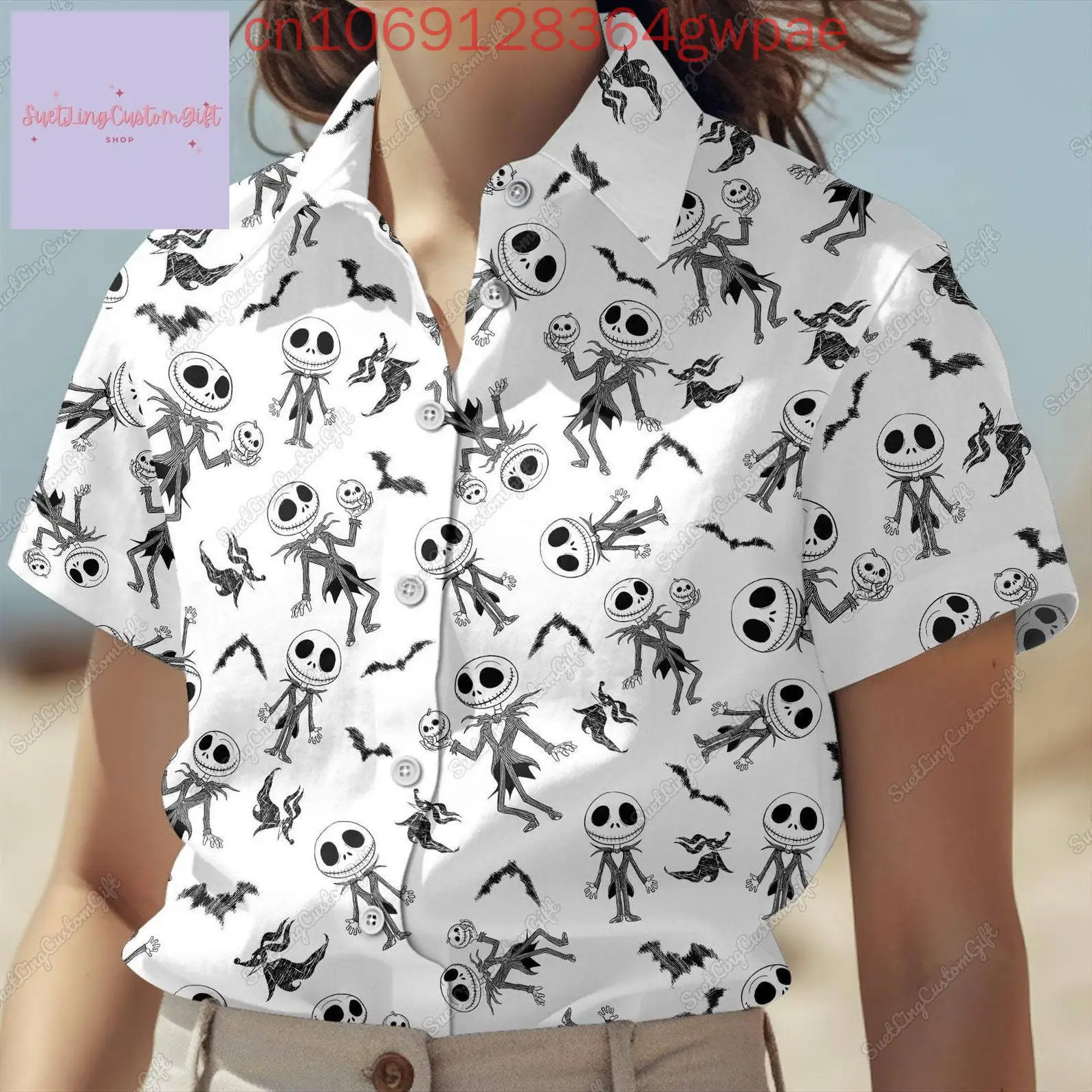 قميص ديزني ذا كابوس قبل جاك سكيلينجتون النسائي هاواي صيفي كاجوال أنيق بأكمام قصيرة للشاطئ