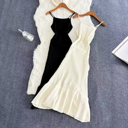 2024 Summer Knitted Bodycon Sexy Dress 2024 Sleeveless Ruffled Party Sundress High Street Elastic Slim Maxi Long  Dress