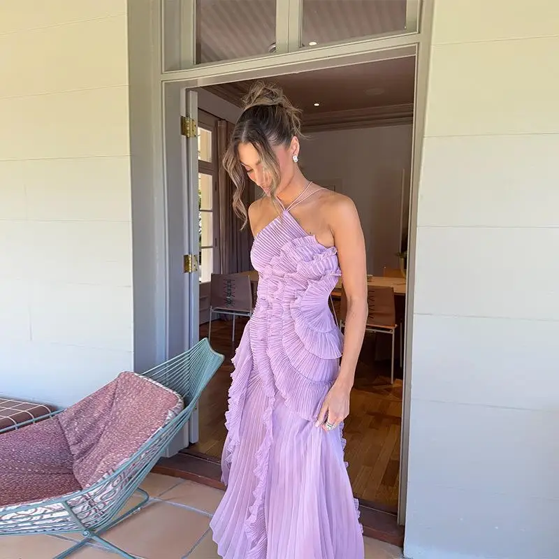 Vestido Longo Multicamadas com Alça no Pescoço, Cintura Alta, Sem Mangas, Estilo Bustle, Ideal para Primavera e Passeios Urbanos