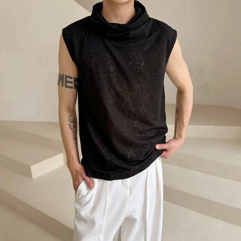 2024 Men's Fashion T-shirt Ruffled Collar Sleeveless Tees Chic Tank Top Man Hip Hop Streetwear Summer Pullover Wear