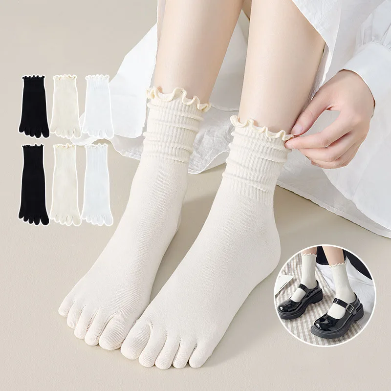 Cream Color Lolita Agaric Edge Five Finger Socks For Women Soft Breathable Sweat-absorbing Split Toe Socks White Black Beige