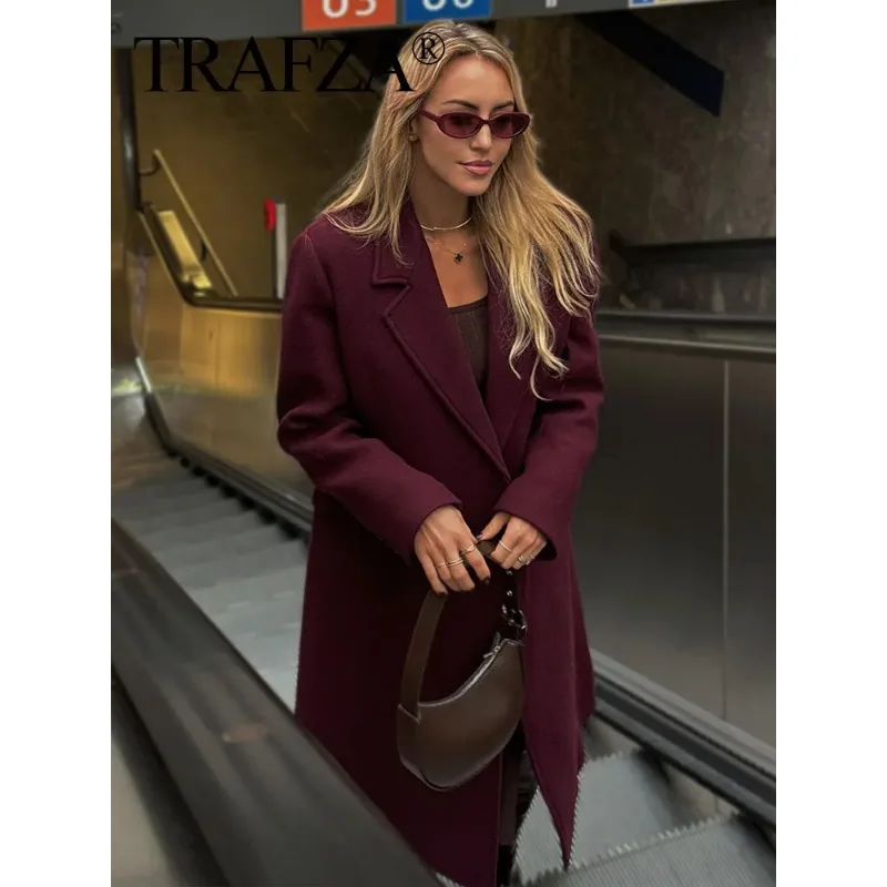 Women Fashion Burgundy Woolen Coat Double Breasted Long Sleeve Lapel Blends Jacket Autumn Winter High Street Outerwear