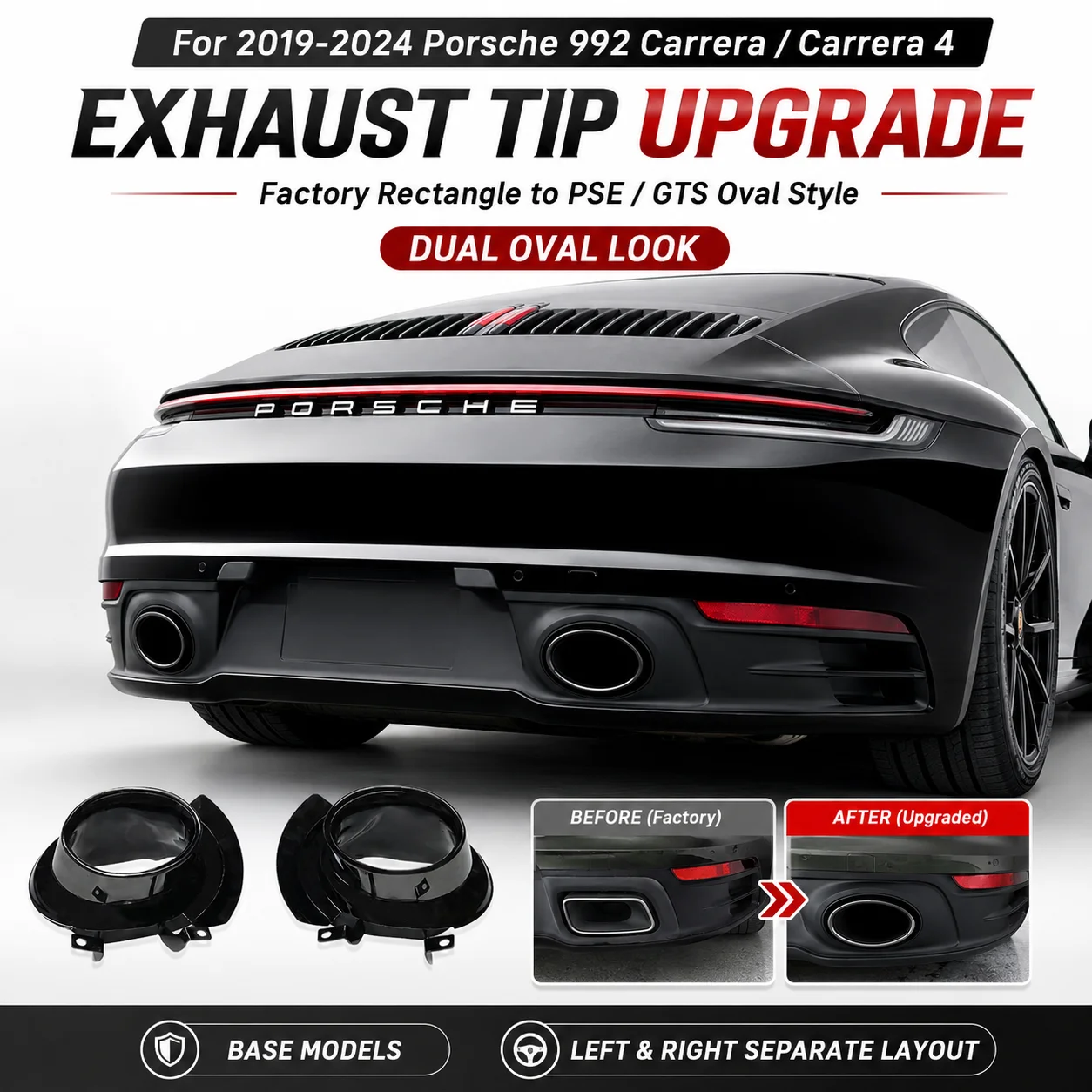 PSE GTS Style Oval Exhaust Tailpipe for Porsche 911 992 Carrera 2019-2024 Stainless Steel Muffler Tip Upgrade Black Silver