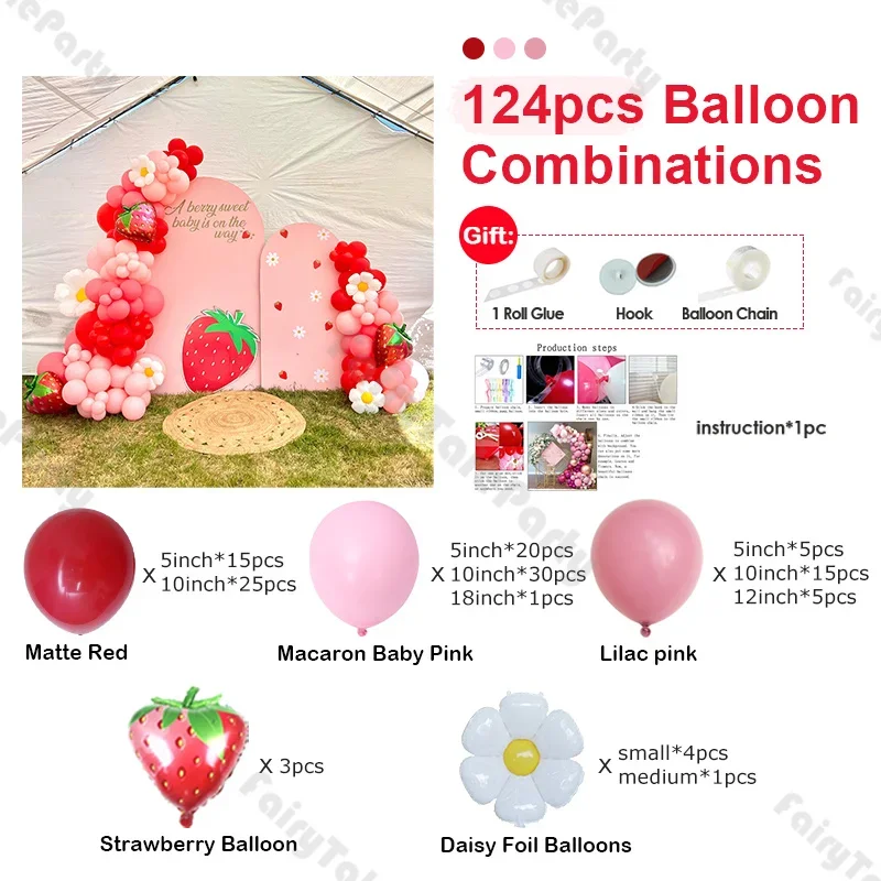 124pcs Matte Red and Pink Balloon Combo Set with Strawberry and Daisy Foil Balloonsfor Valentine's Day Baby Shower