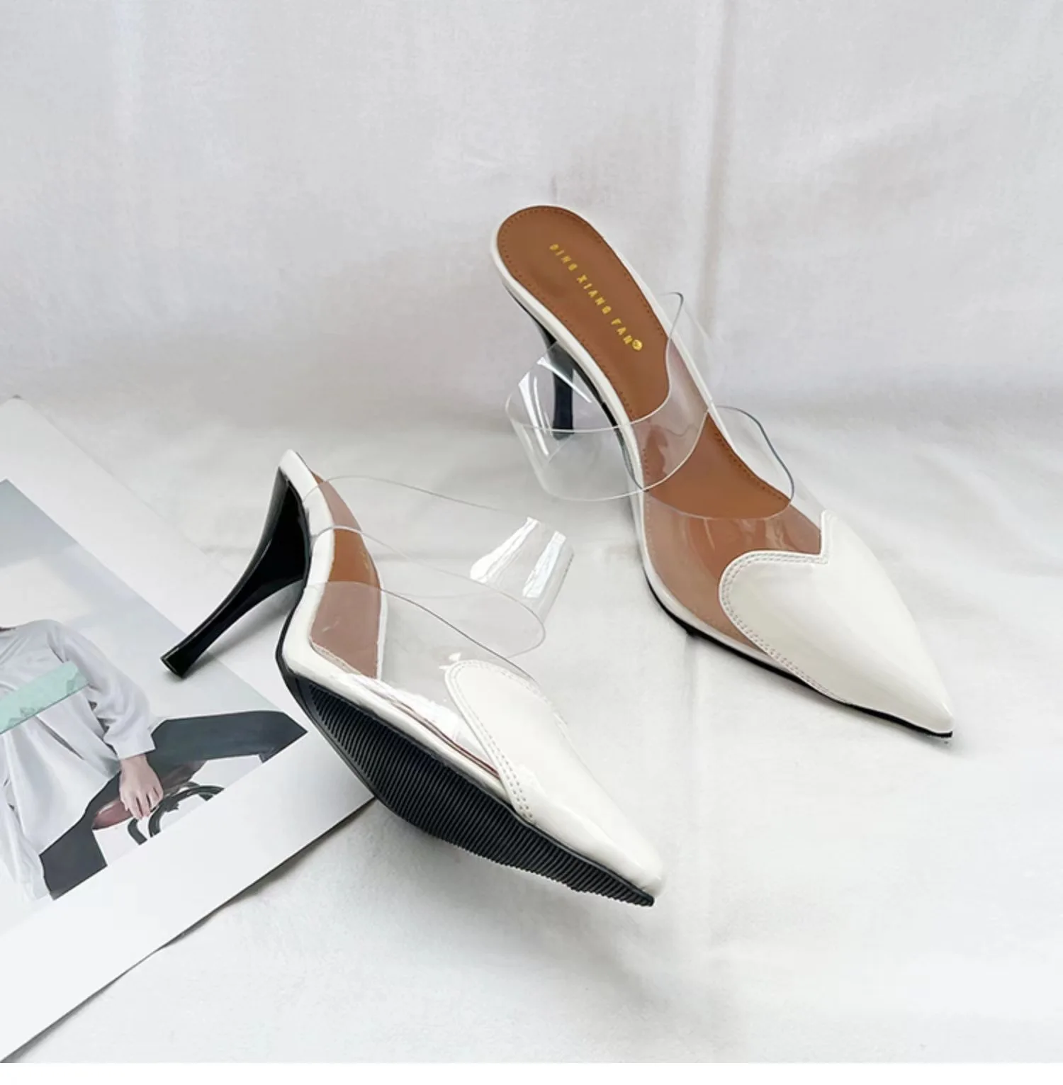 Elegant Pointed Toe Transparent PVC Heart High Heels Mules Slipper Shoes Women 2025 Black White Red Shoes Luxury Designer Pumps view 6
