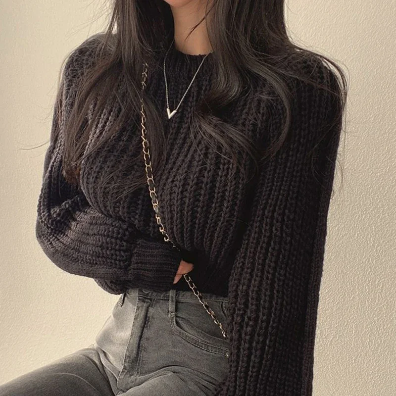 Loose Vintage Harajuku Lantern Long-Sleeved Women Sweater Korean Autumn Winter Knitwear Soft Warm Pullover Chic Solid Jumpers