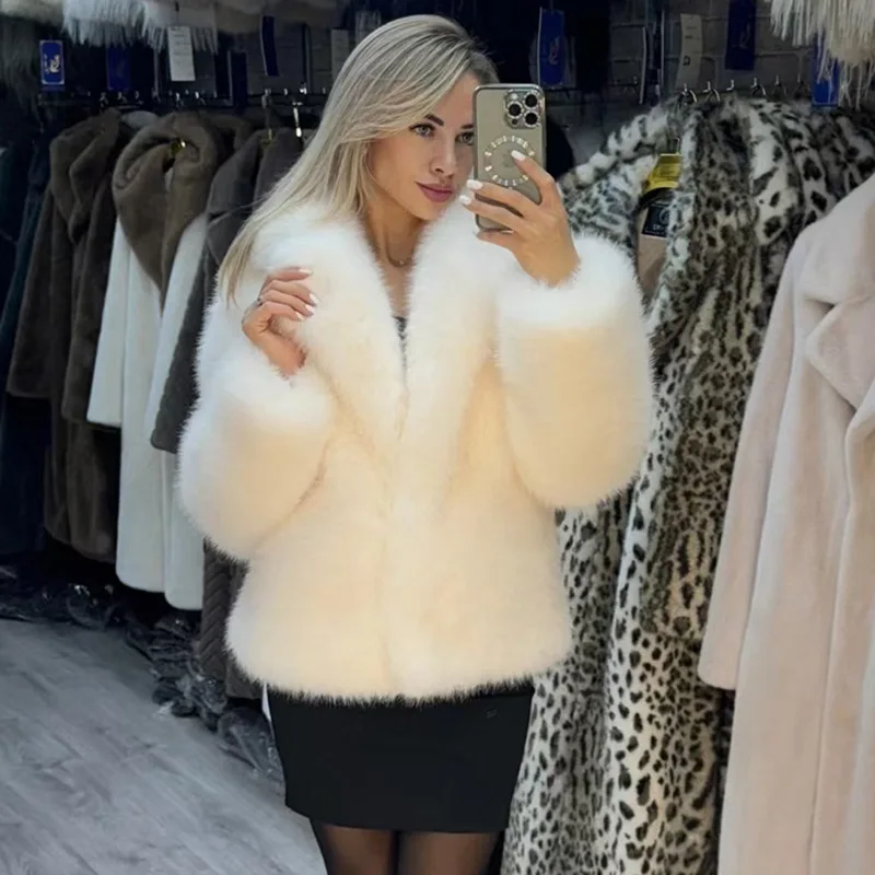الشتاء أزياء الفراء ريشة أبلى للنساء التلبيب عالية الخصر الدافئة فضفاضة طويلة الأكمام تخفيف معطف الإناث الفراء ريشة سترة