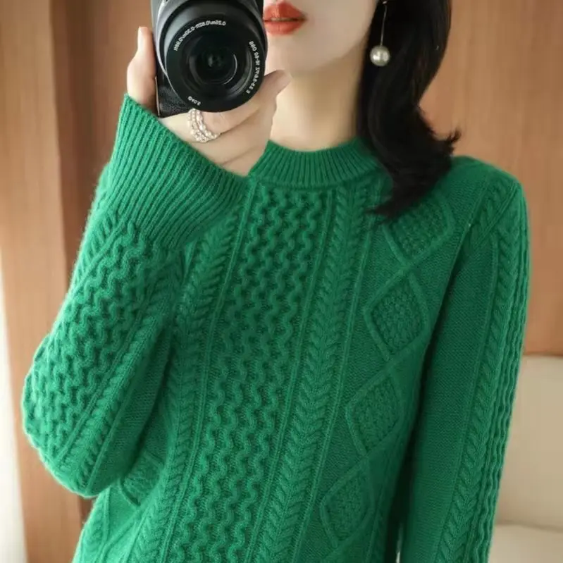 

Sweater Women 2024 Autumn and Winter Korean Style Twist Crew-neck Sweater Loose Pullover Sweater Knit Slimming Base ShirtLJ428
