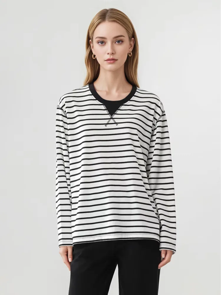 

Women Patchwork Color Block Striped T-Shirt Summer Long Sleeve Loose Lightweight Combed Cotton Casual Tee