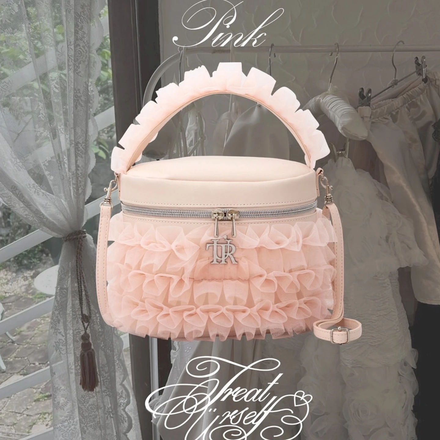 Treat Urself Pink Tulle Vanity Bag Crossbody Bag for Youth Square Shape Mobile Phone Bag No Brand Registered Trademark