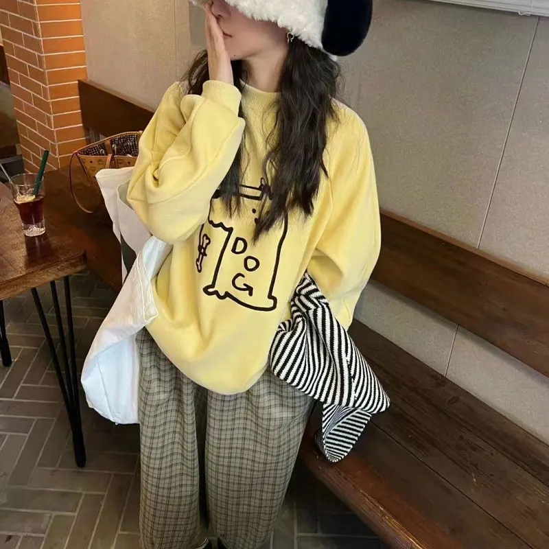 

Cartoon Printed Casual Sweatshirts Women's Clothing Korean Round Neck Autumn Winter New Fleece Loose Basic Long Sleeve Pullovers