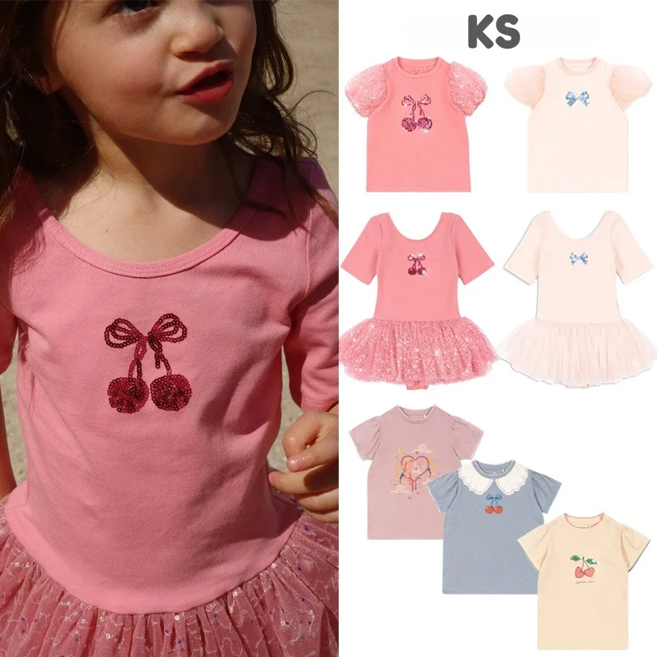 

2025 Summer KS Baby Girls Cartoon Cherry T Shirts Kids Cotton Clothes Girls Party Sequin Bow Princess Dresses Unicorn T-shirts
