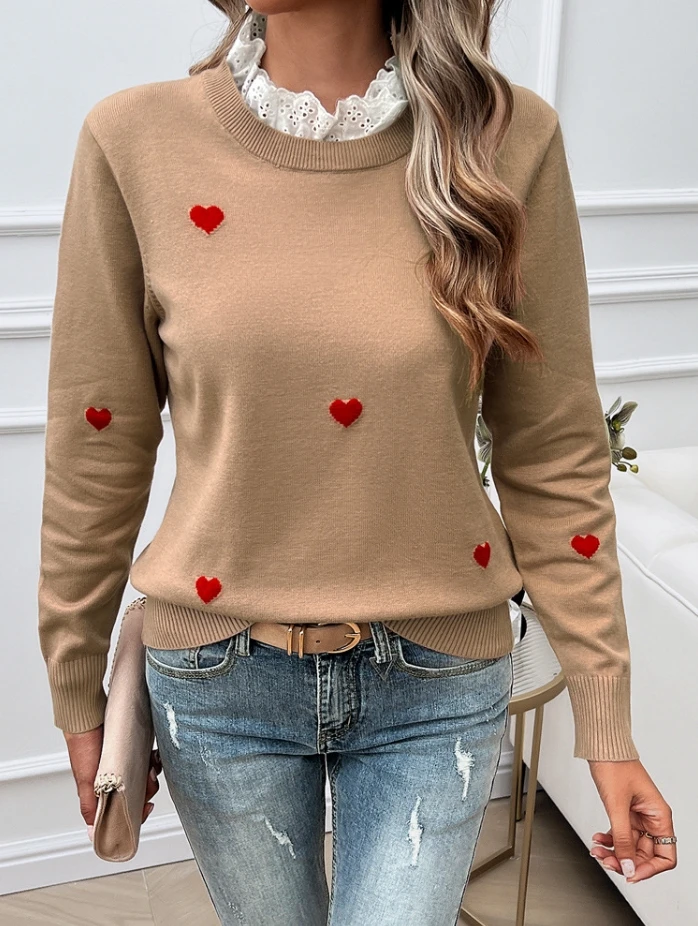 Temperament Casual Embroidery Heart-Shaped Long Sleeved Sweater for Women 2024 Spring Sutumn Winter Commuting Pullover Top