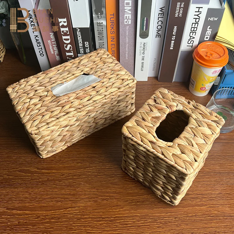 

Water Hyacinth Woven Tissue Box Sanitary Paper Box Home Living Room Bedroom Pumping Paper Box Desktop Sundries Storage Organizer