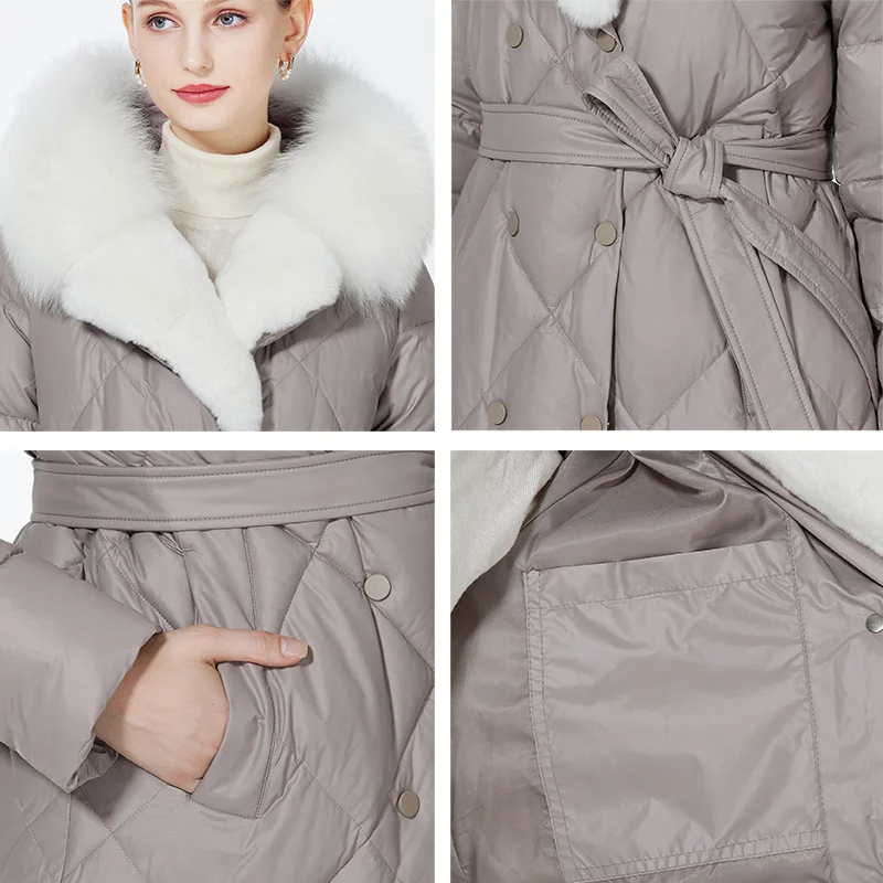 Casaco longo de luxo ICEbear com capuz de pele para mulheres, parkas acolchoadas à prova de vento, cinto feminino, casaco quente, 2023, GWD3925I