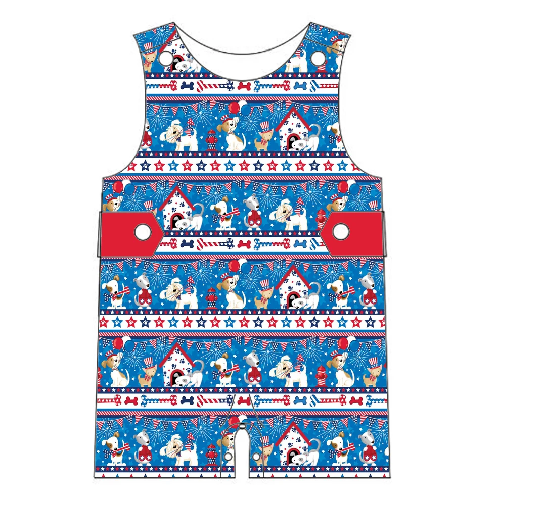 Baby Girl Patriotic Jon Jon Romper Sleeveless Button Strap Red White Blue Dog Print Shortall