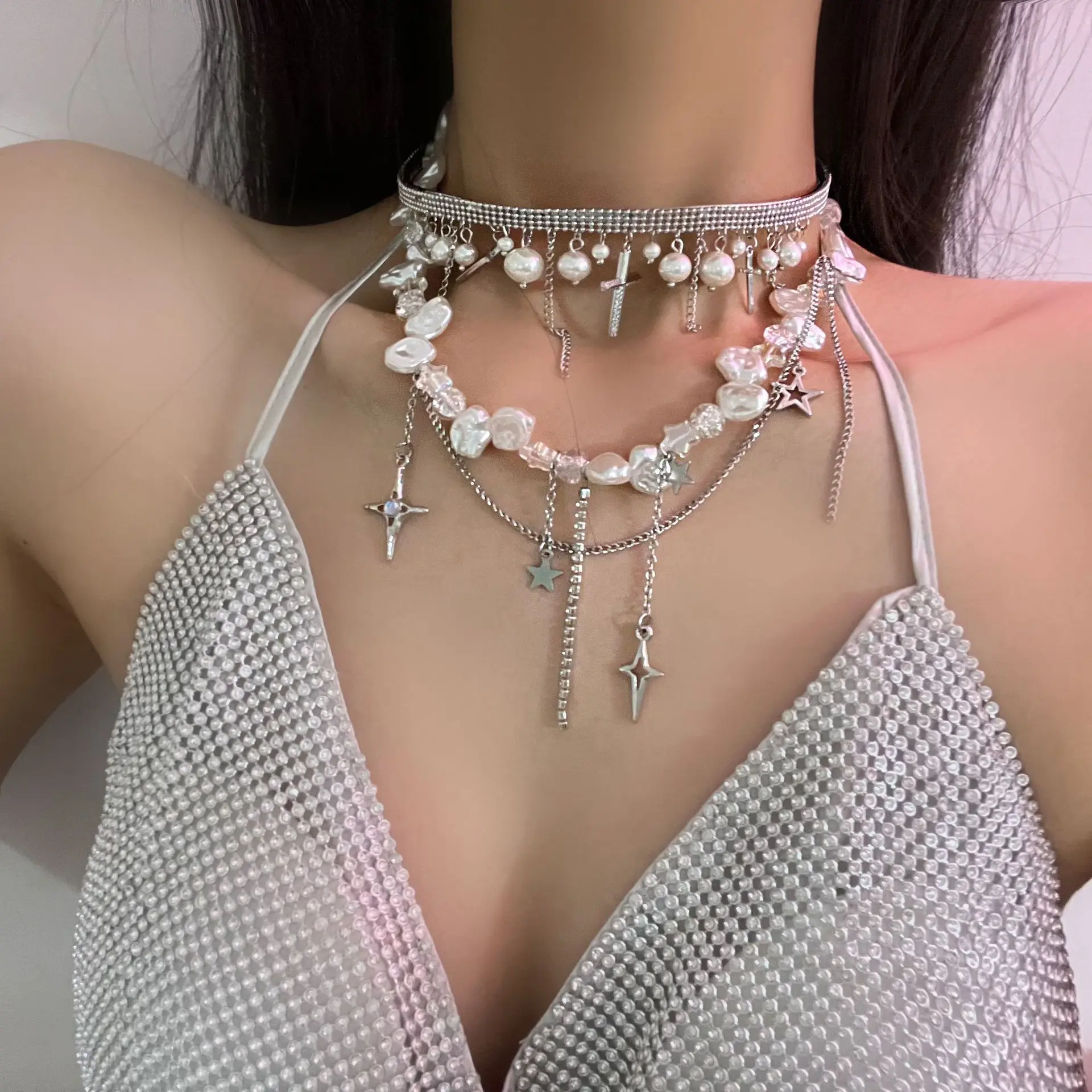 

New Four-pointed Star Pearl Necklace Popular Fashion Woman Clavicle Chain Necklace Set Evening Party Accessories