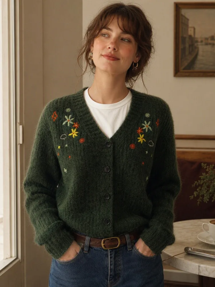 autumFloral Embroidery Knit Cardigan Women 2026 V Neck Single Breasted  Long Sleeve Sweater Coats