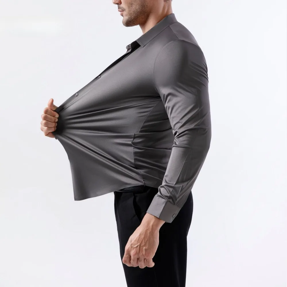 High Elasticity Men Shirt Long Sleeved Anti-wrinkle Soft Light Thin Solid Casual Slim Fit Formal Dress White Shirt Men Clothing