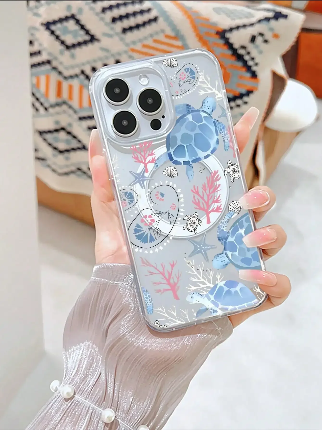 Sea Turtle Pattern Painted MagSafe Wireless Magnetic Transparent Perforated Phone Case for IPhone 16 15 14 13 12 11 Pro Max