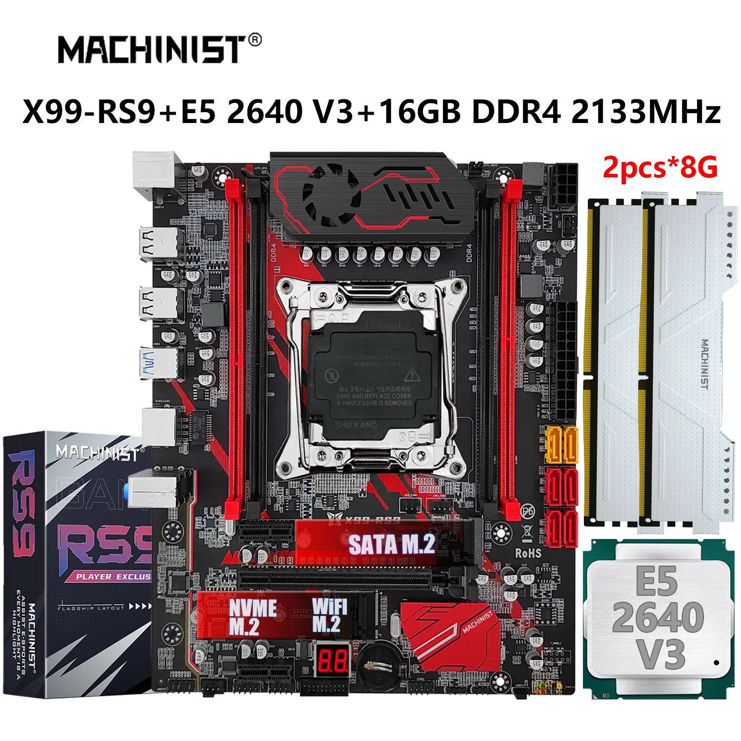 MACHINIST RS9 X99 마더보드 키트, Xeon E5 2640 V3 LGA 2011-3 CPU 프로세서, DDR4 2 개 * 8GB RAM, 4 채널 SATA PCI-E M.2 슬롯