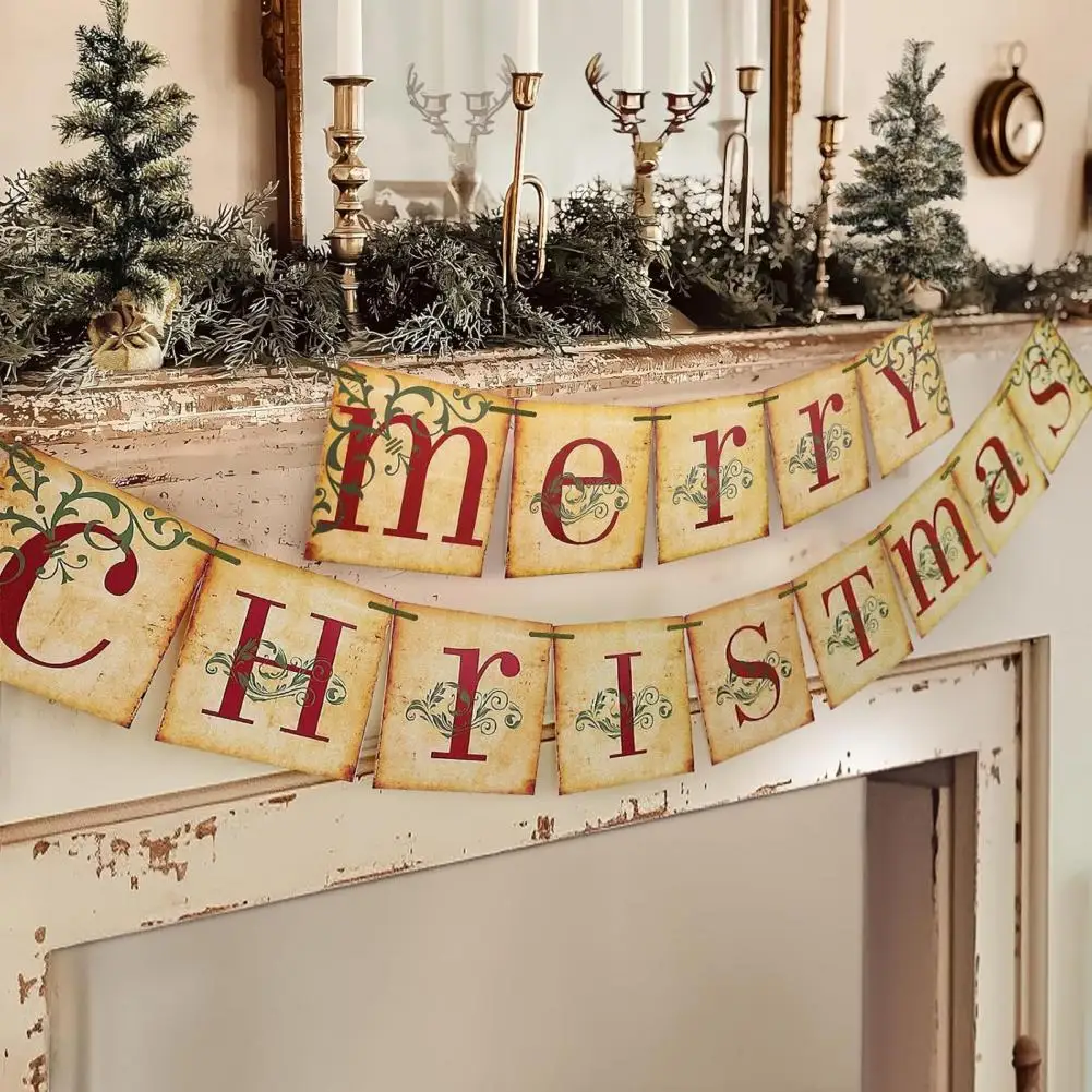 Paper Bunting Garland Rustic Vintage Christmas Bunting Garland for Home Office Party Decor Merry Christmas Banner for Fireplace