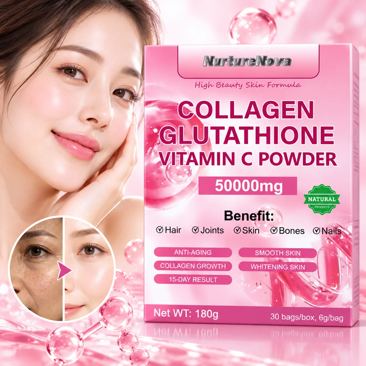 Marine Collagen Powder Skin Whitening & Anti-Aging - High Beauty Supplement with Glutathione & Vitamin C for Glowing Skin, Hair
