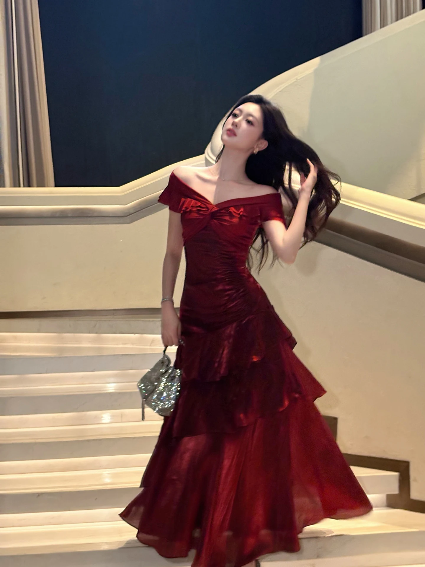 

Ele Red One-oulder Gown Luxury Aosphere Annual Meeting Dr French Sle High Waist A-Line Skirt ort Sve Women'...