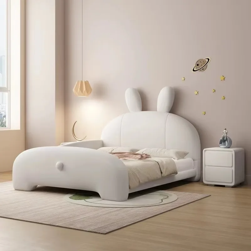 Cream Style Cartoon Rabbit Ear Kids Bed, Solid Wood Frame Upholstered Children Bed for Bedroom & School Use Home Furniture