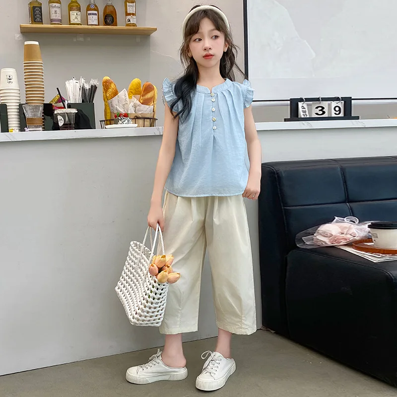 

Girls Suits Summer Korean Casual Fashion Flying Sleeve 2024 New Children Thin Big Children Foreign Style Simple Casual Clothes