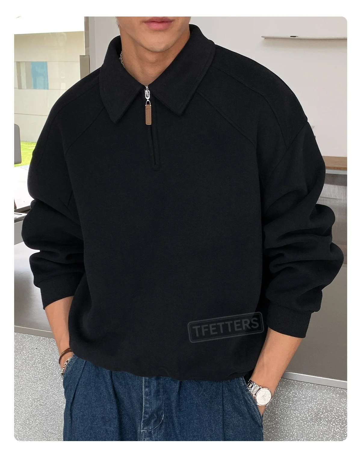 TFETTERS Eu Size 2026 Men Half Zip Collared Sweatshirt Autumn Heather Gray Pullover Loose Fit Casual Daily Long Sleeve Sweat Top