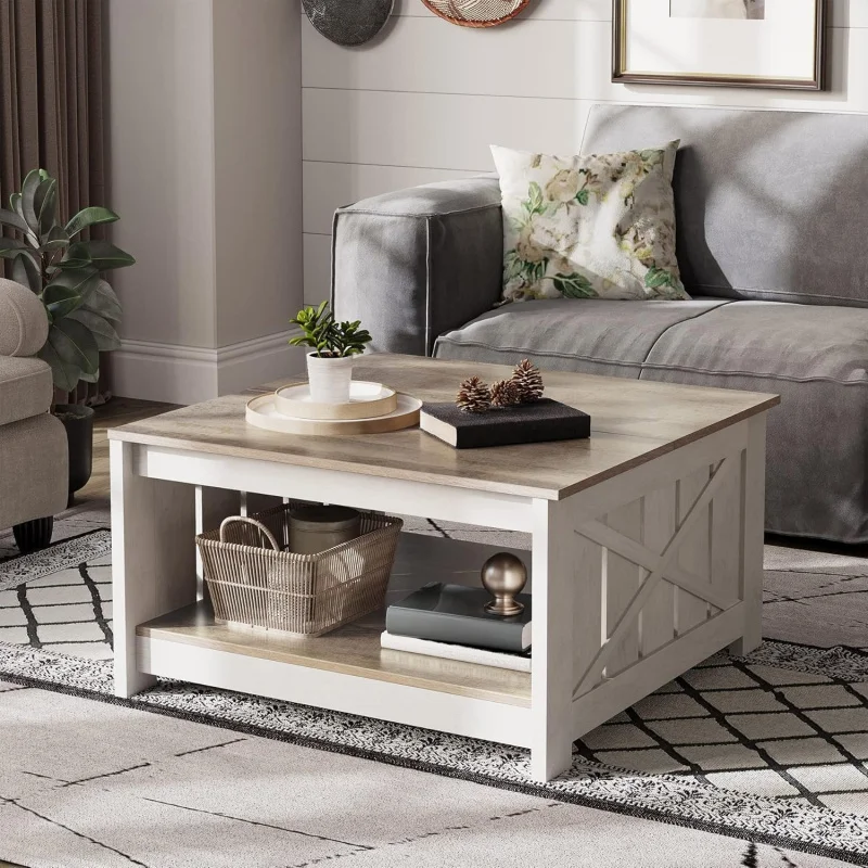 Farmhouse Rustic Wood Square Coffee Table - Half Open Storage Compartment, Cocktail Table for Living/Meeting Room