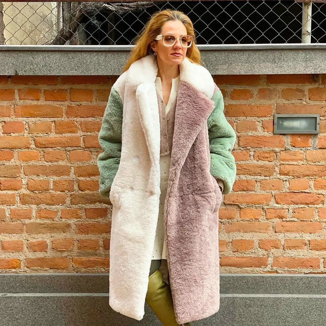 Chic Woamn Contrast Color Rabbit Fur Jacket Autumn Winter Turn Down Collar Thick Imitation Fur Trench Coats Long Cardigan Tops