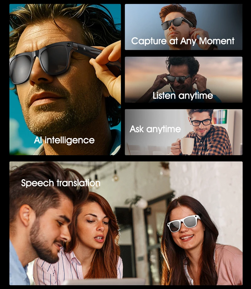 ﻿   Occhiali intelligenti 4K HD Telecamera AI GPT Cambia colore Chiamata Bluetooth Batteria 260Mah Assistente vocale Tradisci identificare oggetti 2025