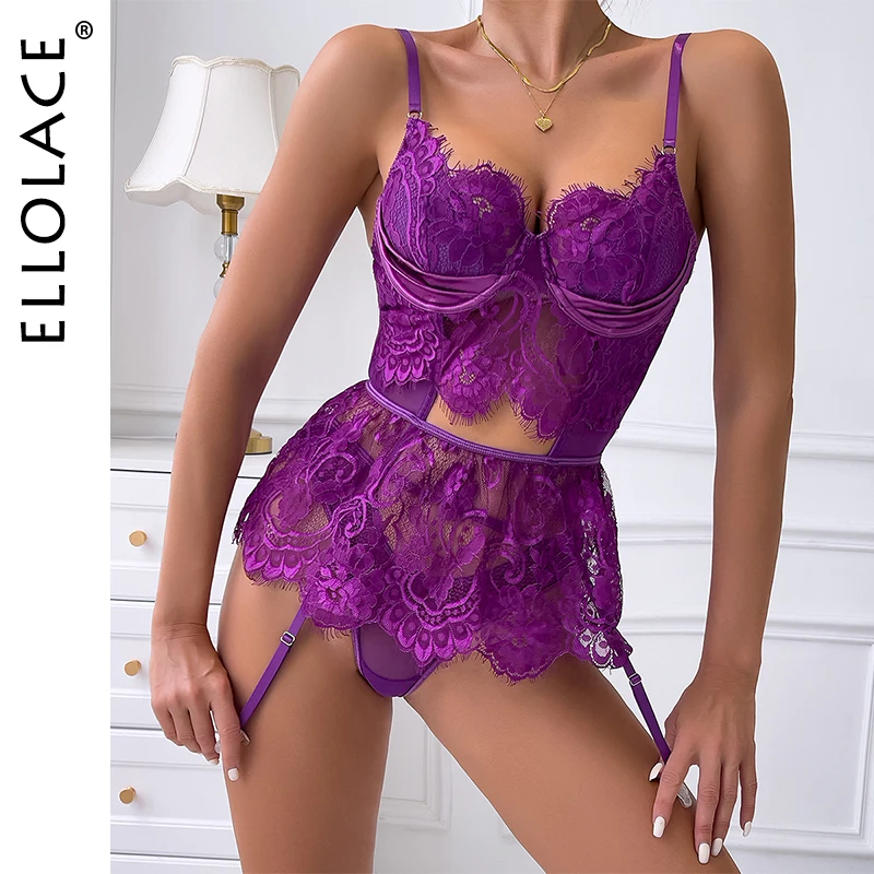

Ellolace Fantasia Purple Ensemble Lingeries Femmes Sissy Romantic Intimate Goods Fancy Delicate Sexy Underwear Night Call Outfit