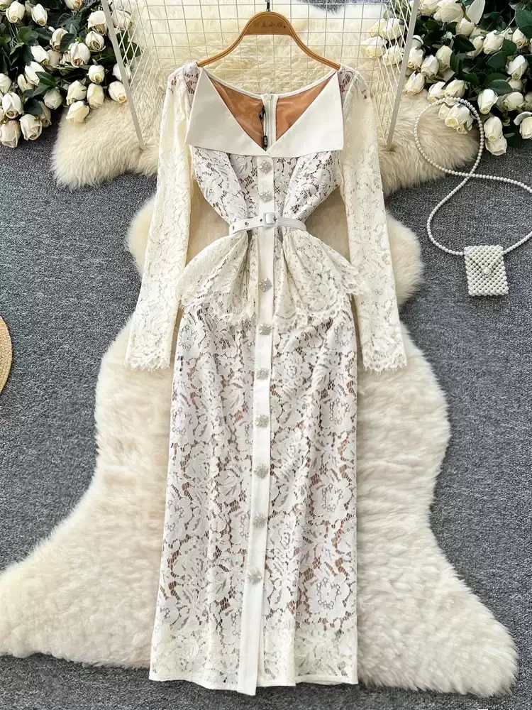 Sexy kanten jurk met lange mouwen en kraag, vintage elegante damesfeestbasics, Koreaanse mode, fairycore-jurken - afbeelding 2