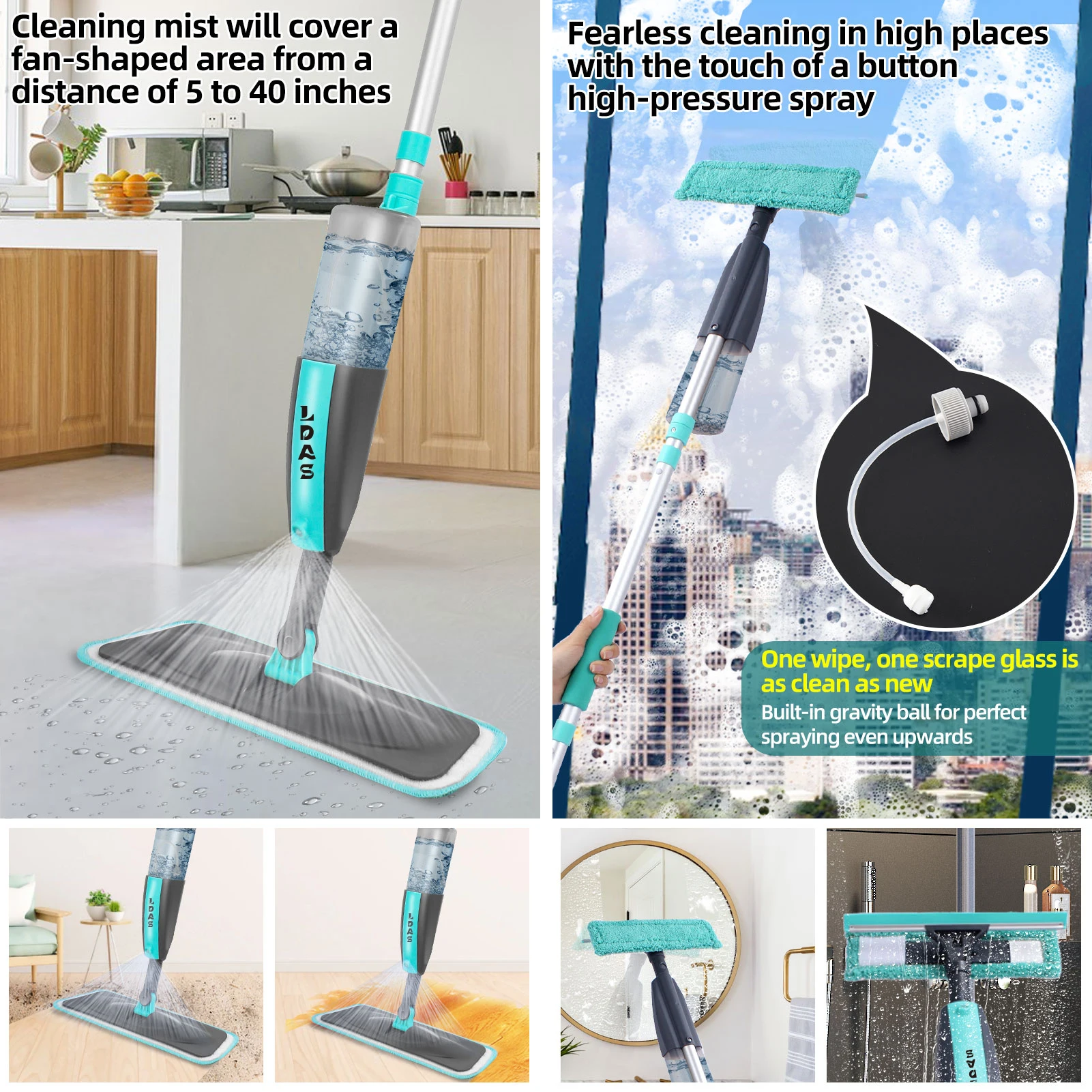 DARIS Spray Mop for Floor and Window Cleaning, 500ml Bottle, 2+2 Microfiber Mop Pads, Scraper, Mop Clip, Wet and Dry Use