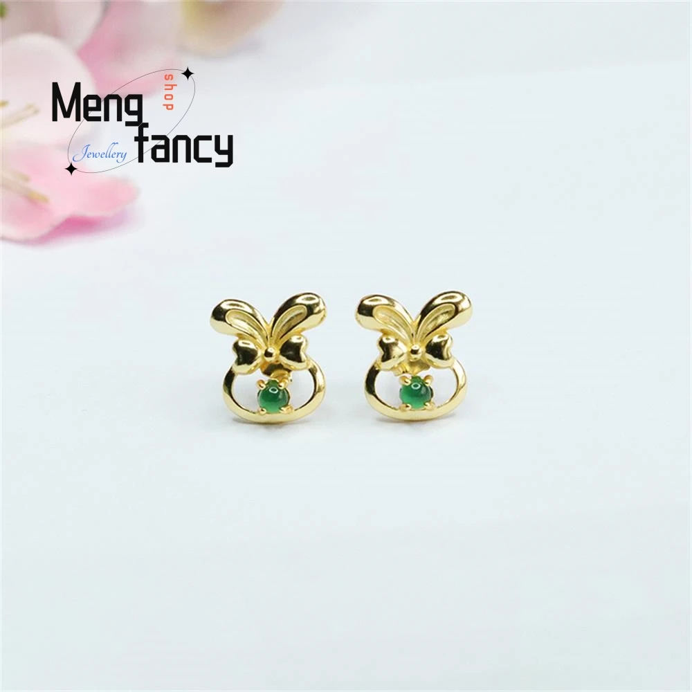 

S925 Silver Inlaid Natural Jadeite Ice Type Imperial Green Bow Earrings Exquisite High-grade Couple Luxury Fashion Fine Jewelry