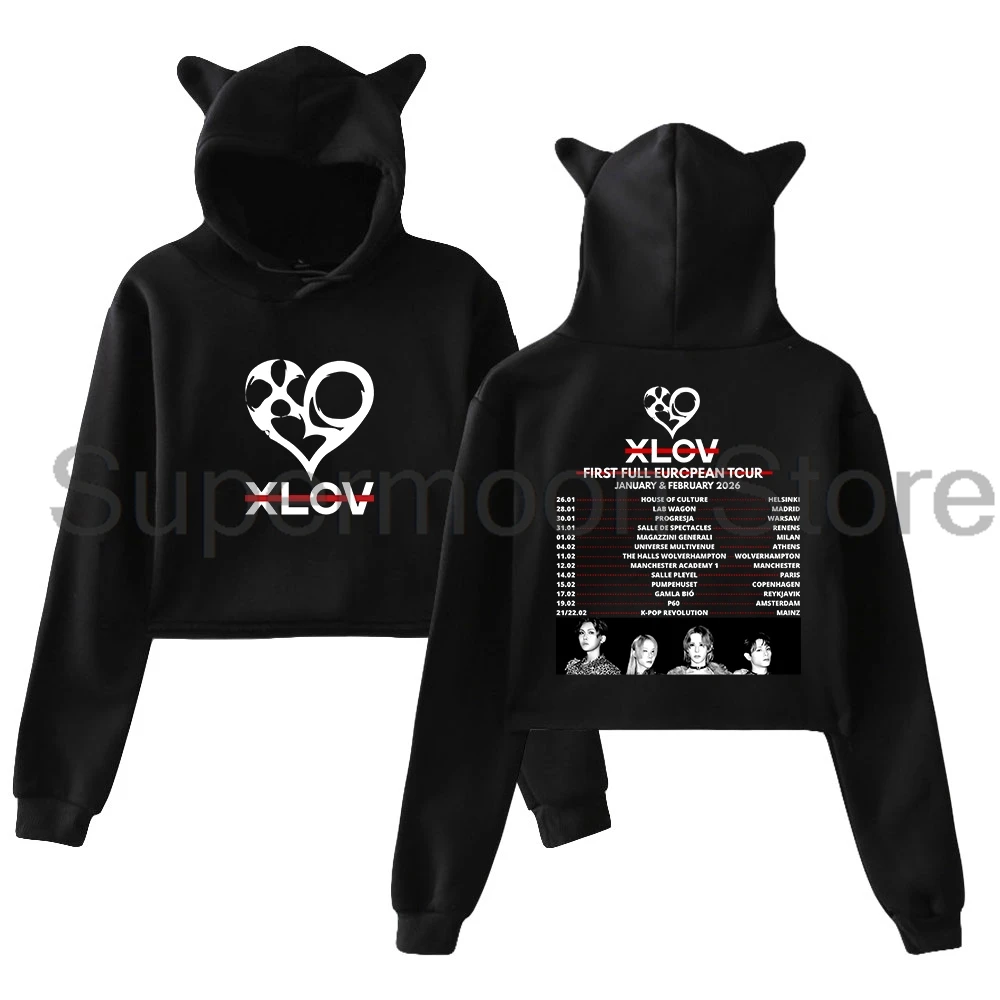 Kpop XLOV 2026 First Full European Tour Merch Hoodie Cat Ears Hooded Sweatshirt Long Sleeve Crop Top Women's Clothes