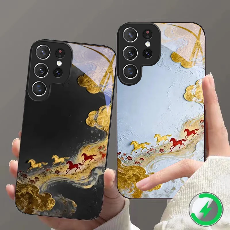 Golden steed galloping Suitable For Samsung Galaxy S25 Ultra S20 FE S21 S22+ S23 Plus S24 S26 Edge magnetism Glass Phone Casee