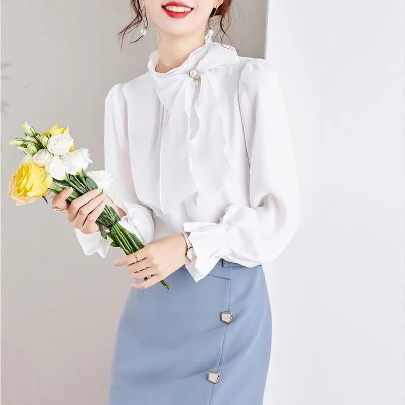 Women\'s Clothing Commute Stand Collar Bow Blouse Basic Solid Color Spring New Fashion Three-dimensional Decoration Ruffles Shirt