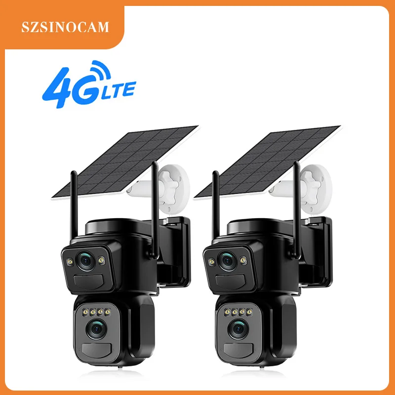 SZSINOCAM 2 Stück Dual-Objektiv Solar EU4G Sicherheitskamera Solarpanel Drahtlose Kamera 24-Stunden-Aufnahme Alarm Eingebauter Akku