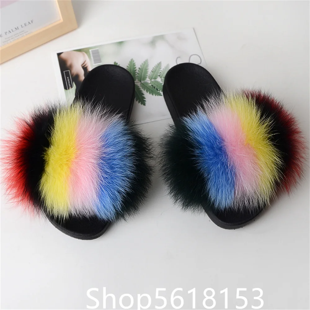 Three color contrast Fashion Versatile Real Fox Fur Grass Slippers Popular on the Internet Going Out