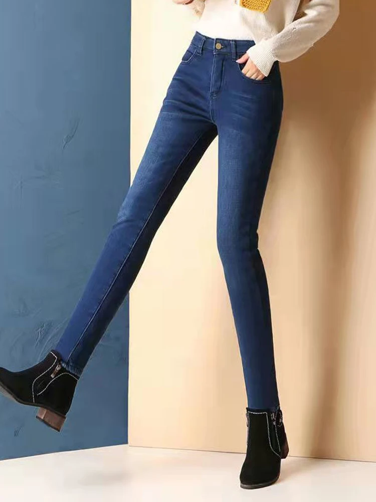 Skinny Lambwool Lined Warm Pencil Jeans Fall Winter Women High Waist  Denim Pants Casual Plush Snow Wear New Vaqueros