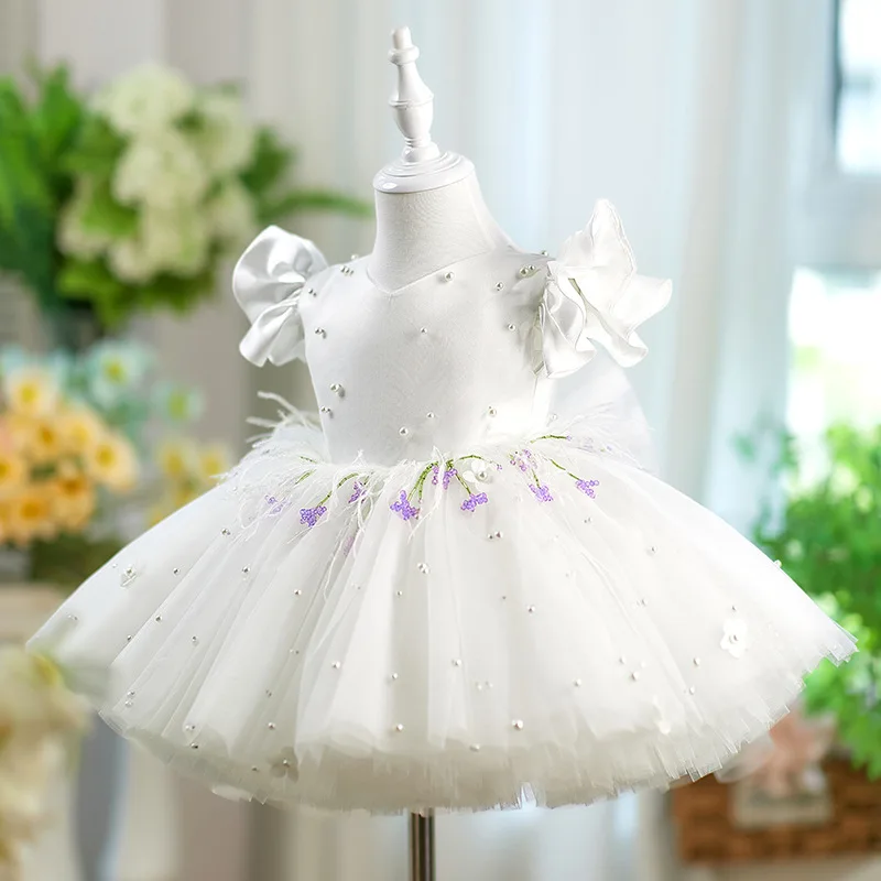 Baby Girls White Tulle Dress Short Sleeve Pearl Feather Floral Little Girl Princess Gown Toddler Formal Dress For Wedding Party