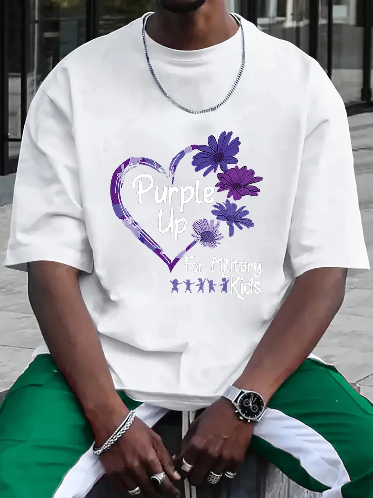 Purple Up For Military , Purple Flowers Men's T-shirt Short Sleeve Tees Loose T-shirt Man Tops New Men T shirt Cotton Print Tee