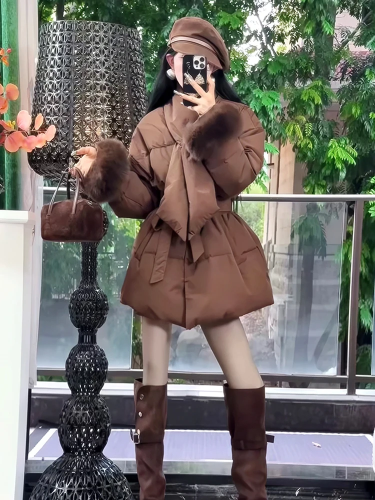 Зимняя теплая пуховая куртка с хлопковой подкладкой, женские куртки с шарфом и воротником на шнуровке, женская модная повседневная свободная верхняя одежда средней длины