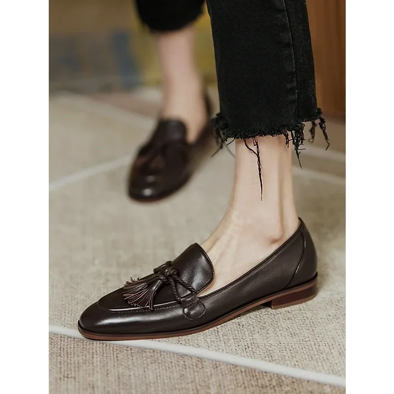 Retro British Style Square Head Women\'s Loafers Shoes 2024 Summer New Style Tassel Comfortable Single Shoes Women Brown Shoes